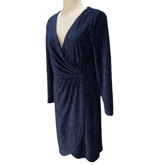 Julia Jordan Navy Glitter Wrap Dress Sz 8 Long Sleeve Sparkle Bodycon Cocktail - Picture 6 of 12